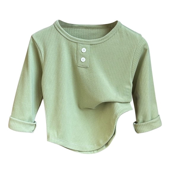 Likimi Toddler Kids Girls Tees With Button Long Sleeve Solid Color T Shirt Fashion Relaxed Soft Spring Fall Base Layer Tops Size 5-6 Years Green