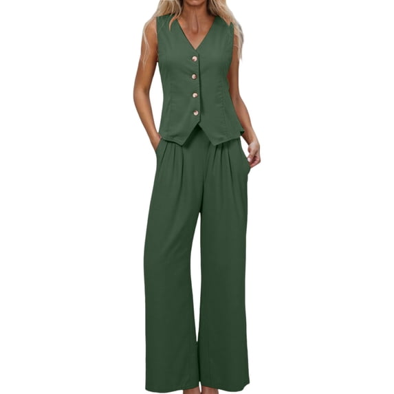 Likimi Two Piece Sets For Women Button Down V Neck Sleeveless Solid Color Vest Wide Leg Pants Summer Outfit Set Green Size Xl