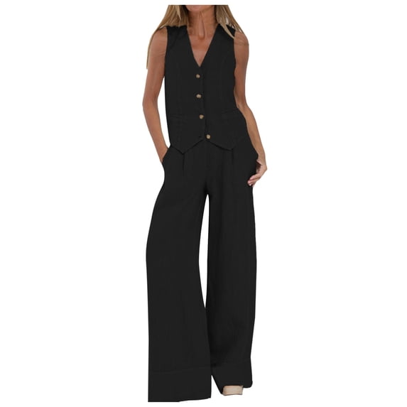 Likimi Two Piece Sets For Women Casual Button Down Sleeveless V Neck Solid Color Vest With Wide Leg Pants Outfit Set Black Size S
