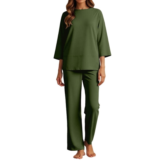 Likimi Two Piece Sets For Women Crew Neck 3/4 Sleeve Solid Color Shirts With Pants Spring Summer Outfit Set Army Green Size 4Xl