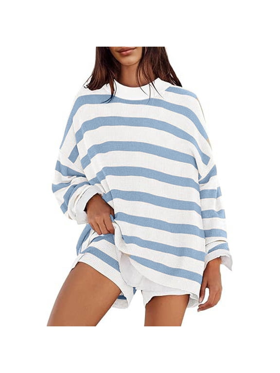 Two Piece Sets For Women Crew Neck Striped Print Long Sleeve Sweater Top With Shorts Fashion Casual Outfit Set Sky Blue Size S