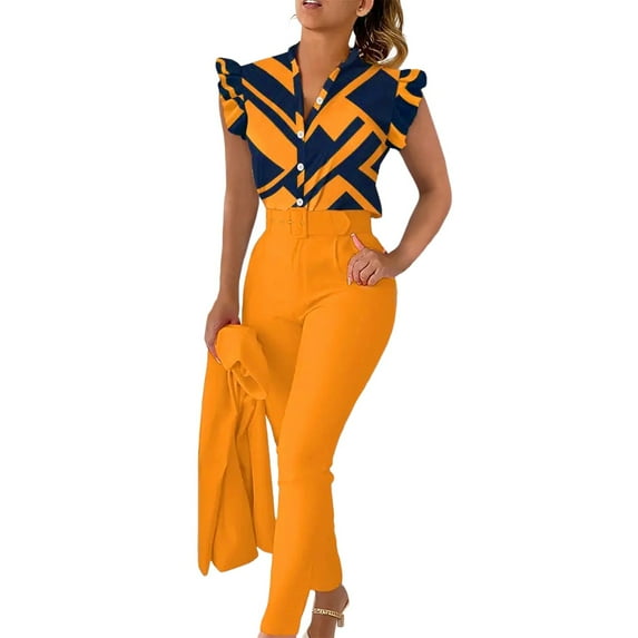 Likimi Two Piece Sets For Women Fashion Print Ruffle Sleeve Button Down Crew Neck Shirt Pant With Belt Outfit Set Yellow Size 2Xl
