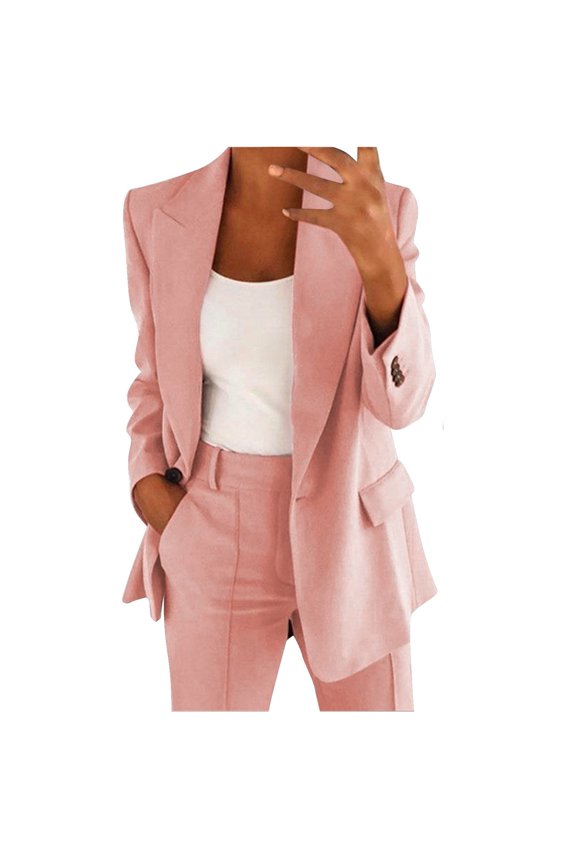 Two Piece Sets For Women Lapels Long Sleeve Button Down Solid Color Jacket With Pant Comfortable Outfit Set Pink Size M