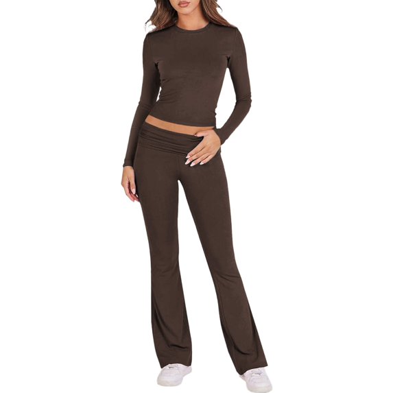 Likimi Two Piece Sets For Women Long Sleeve Crew Neck Solid Color Top With Pants Slim Fit Comfortable Outfit Set Coffee Size L