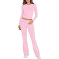 thumbnail image 1 of Likimi Two Piece Sets For Women Long Sleeve Crew Neck Solid Color Top With Pants Slim Fit Comfortable Outfit Set Pink Size M, 1 of 6