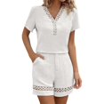 thumbnail image 1 of Likimi Two Piece Sets For Women Shorts Sleeve V Neck Solid Color Lace Top With Pocket High Waist Shorts Summer Fashion Comfort Outfit Set White Size M, 1 of 5
