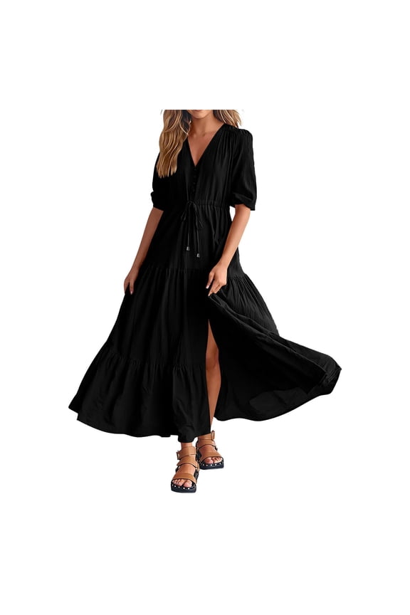 Women Summer Maxi Dresses Short Sleeves V Neck Button Drawstring Solid Color Long Dresses Black Size S