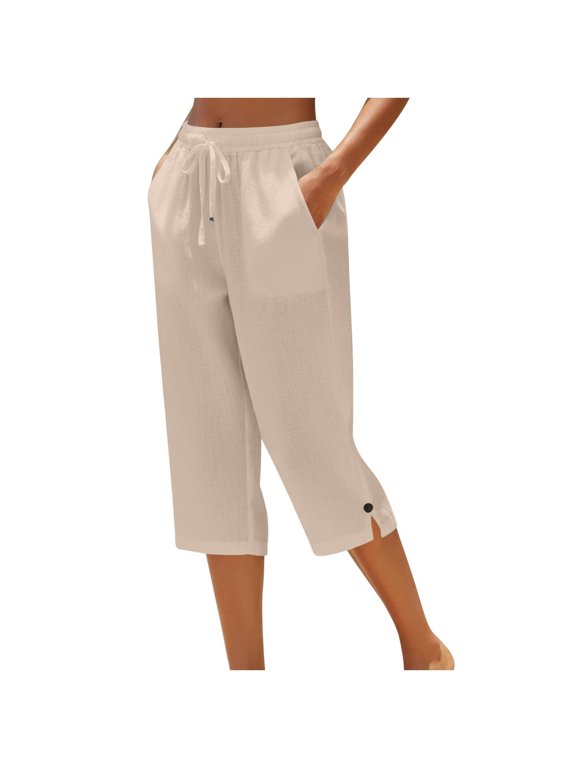 Womens Capri Pants Drawstring Solid Color Pants For Women Everyday Wear Comfortable Trousers With Pocket Size 3Xl