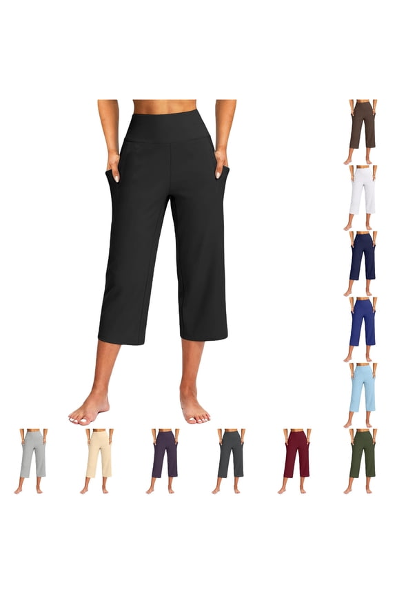 Womens Capris Pants With Pocket High Waist Solid Color For Everyday Wear Fashion Trousers Black Size L