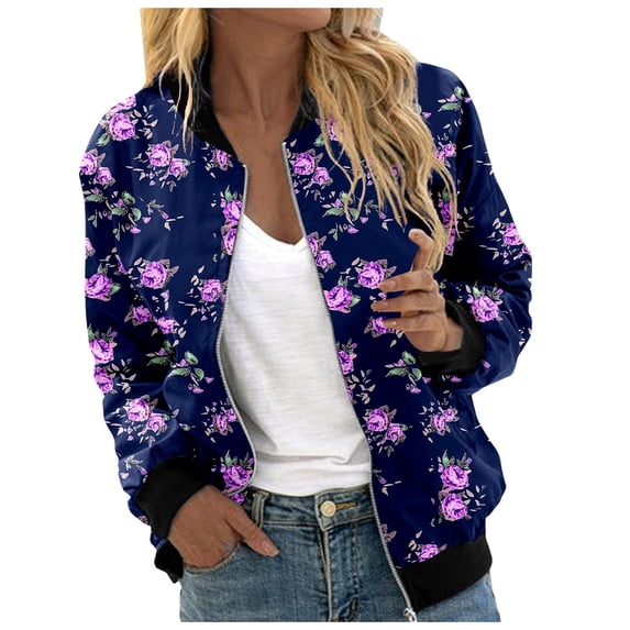 Likimi Womens Cardigan Zip Up Crew Neck Long Sleeve Floral Print Cardigan For Women Everyday Wear Comfort Coat Size L