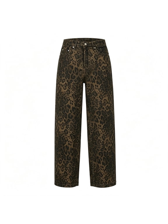 Womens Denim Pants Leopard Print High Waist Wide Leg Pants For Women Autumn Soft Trousers With Pocket Size S