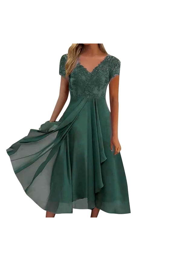 Womens Dresses Solid Color Embroidery Lace Short Sleeve V Neck Comfortable Evening Dress Green Size L