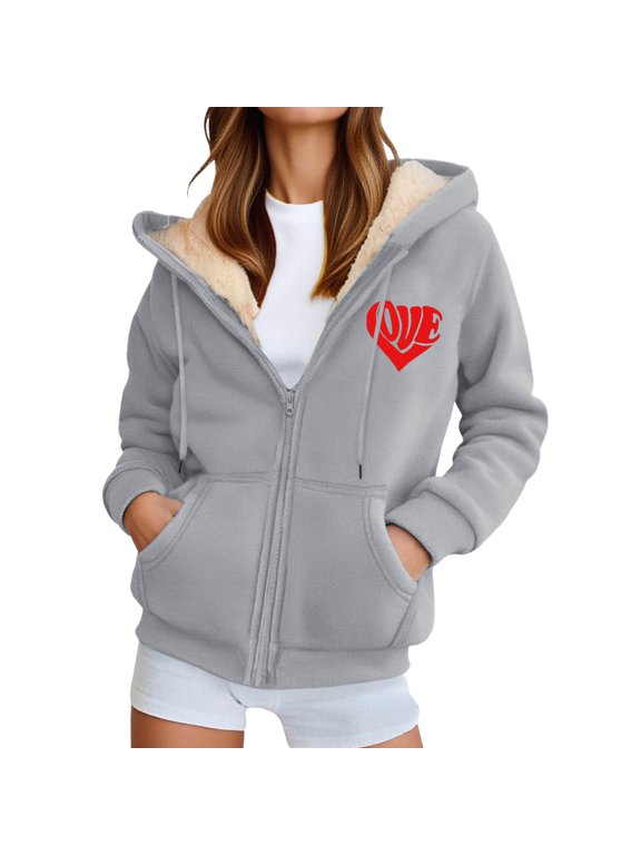 Womens Fleece Coat With Pocket Zipper Long Sleeve Hearts Print Hooded Winter Coat For Women Warm Comfort Outwear Size M