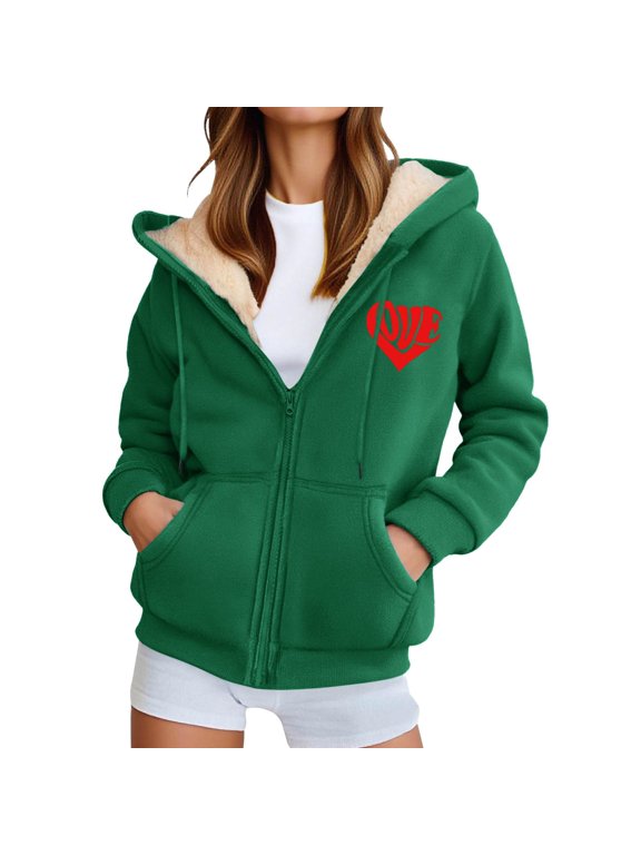 Womens Fleece Coat With Pocket Zipper Long Sleeve Hearts Print Hooded Winter Coat For Women Warm Comfort Outwear Size M
