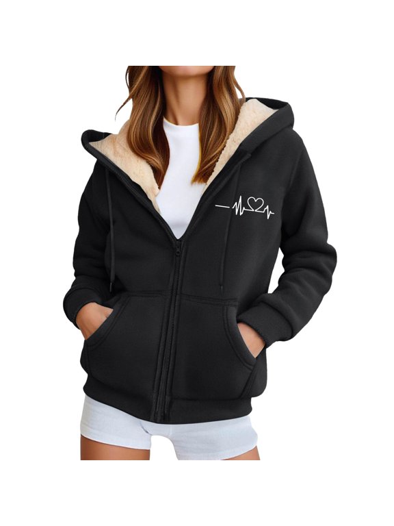 Womens Fleece Coat With Pocket Zipper Long Sleeve Hearts Print Hooded Winter Coat For Women Warm Fashionable Outerwear Size Xl