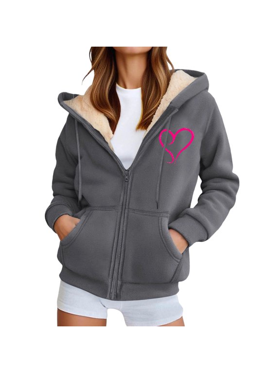 Womens Fleece Jacket With Pocket Zipper Long Sleeve Hearts Print Hooded Winter Coat For Women Heavyweight Warm Comfort Outwear Size L