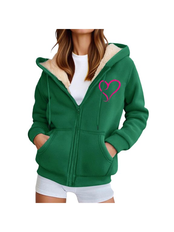 Womens Fleece Jacket With Pocket Zipper Long Sleeve Hearts Print Hooded Winter Coat For Women Heavyweight Warm Comfort Outwear Size L