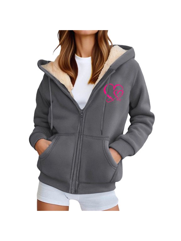 Womens Fleece Jacket With Pocket Zipper Long Sleeve Hearts Print Hooded Winter Coat For Women Heavyweight Warm Comfortable Outerwear Size M