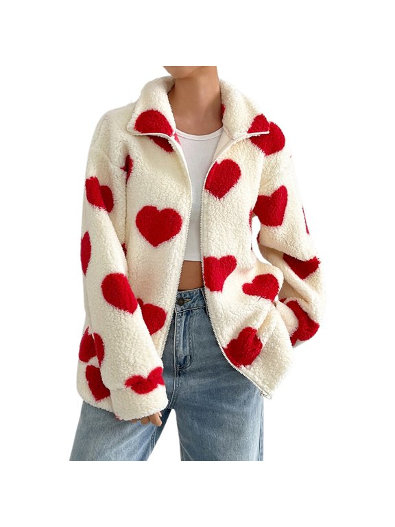 Womens Fleece Jacket With Zipper Long Sleeve Hearts Print Lapel Coat For Women Autumn Winter Comfort Outwear Size L