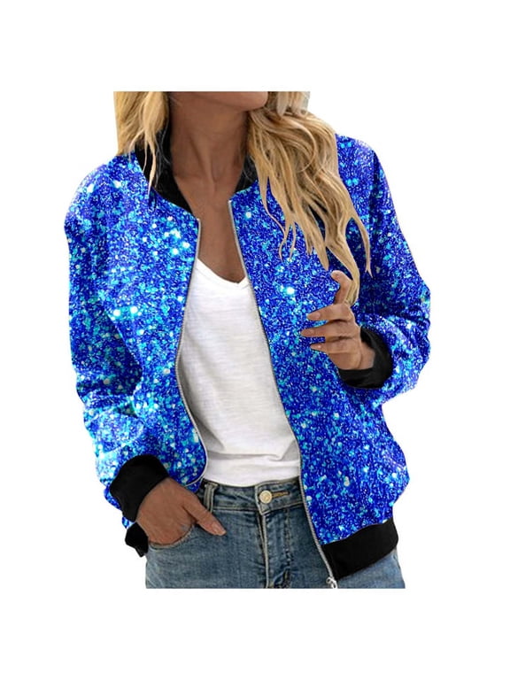 Womens Jacket With Zipper Long Sleeve Sequins Print Coat For Women Everyday Wear Soft Casual Outerwear Size 2Xl