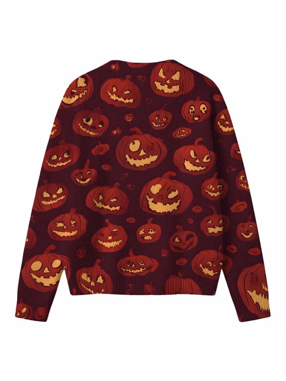 Womens Knit Cardigan Hallowmas Pumpkin Print Long Sleeve Button Down Halloween Sweaters For Women Loose Fit Casual Cardigans Size 2Xl
