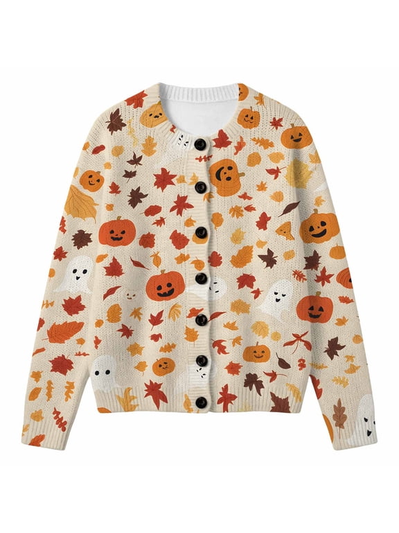 Womens Knit Cardigan Hallowmas Pumpkin Print Long Sleeve Button Down Halloween Sweaters For Women Loose Fit Casual Cardigans Size 3Xl
