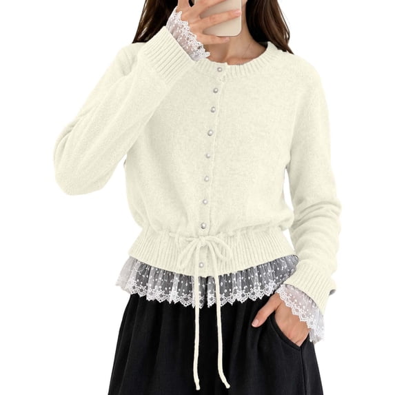 Likimi Womens Knit Cardigan With Lace Trim Crew Neck Long Sleeve Solid Color Sweater For Women Everyday Wear Casual Soft Tops Size L