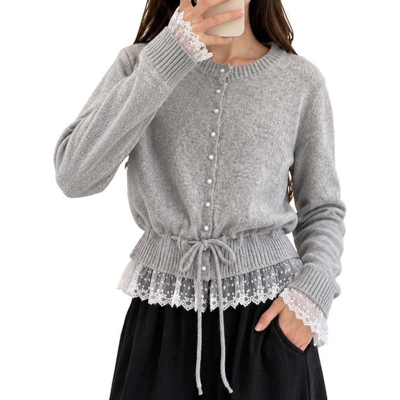 Likimi Womens Knit Cardigan With Lace Trim Crew Neck Long Sleeve Solid Color Sweater For Women Everyday Wear Casual Soft Tops Size Xl