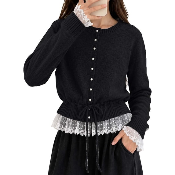 Likimi Womens Knit Cardigan With Lace Trim Crew Neck Long Sleeve Solid Color Sweater For Women Everyday Wear Casual Soft Tops Size Xl