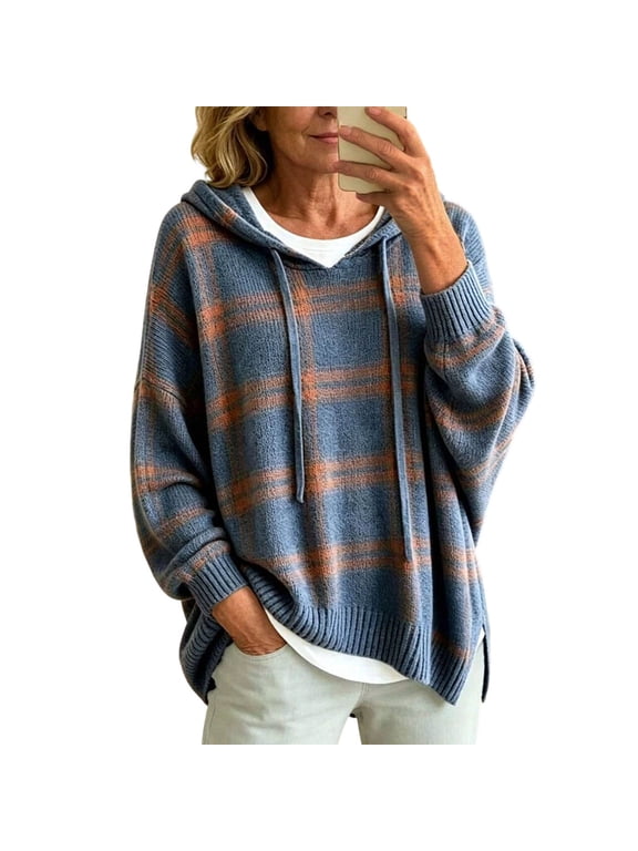 Womens Knit Hoodies Long Sleeve Plaid Print Hooded Sweatshirt For Women Autumn Winter Comfortable Pullover Size 2Xl