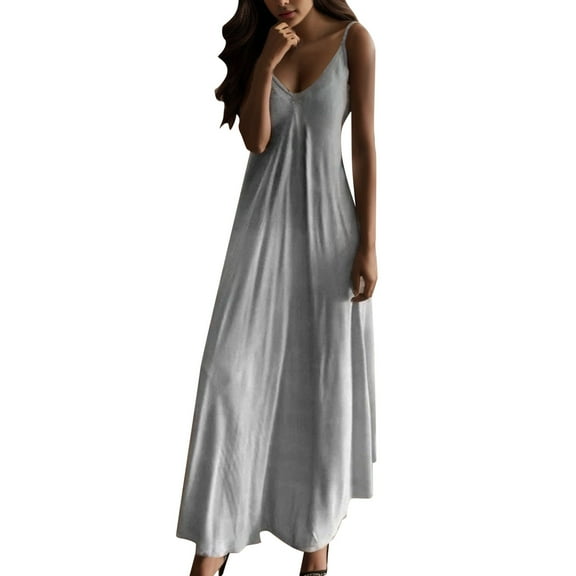 Likimi Womens Long Dress V Neck Solid Color Sleeveless Spaghetti Strap Comfort Breathable Dress Gray Size M