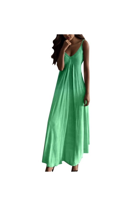 Womens Long Dress V Neck Solid Color Sleeveless Spaghetti Strap Comfort Breathable Dress Green Size L