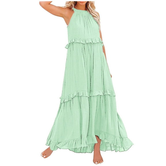 Likimi Womens Long Summer Dresses Sleeveless Solid Color Crew Neck Casual Flowy Ruffle Elegant Maxi Dress Green Size S