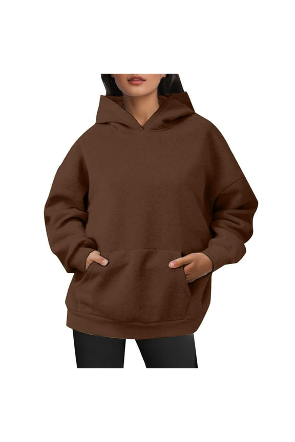 Womens Loose Hoodies Long Sleeve Solid Color Pullover With Pocket Casual Autumn Winter Sweatshirt Size L Brown