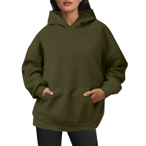 Likimi Womens Loose Hoodies Long Sleeve Solid Color Pullover With Pocket Casual Autumn Winter Sweatshirt Size L Green