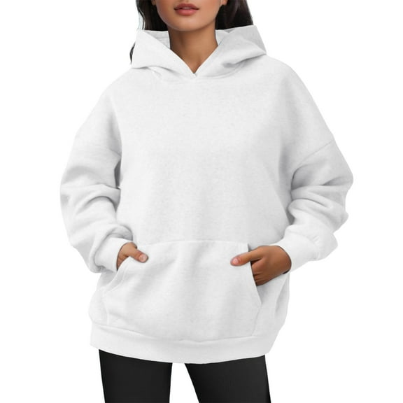 Likimi Womens Loose Hoodies Solid Color Long Sleeve Pullover With Pocket Fashion Autumn Winter Sweatshirt Size L White