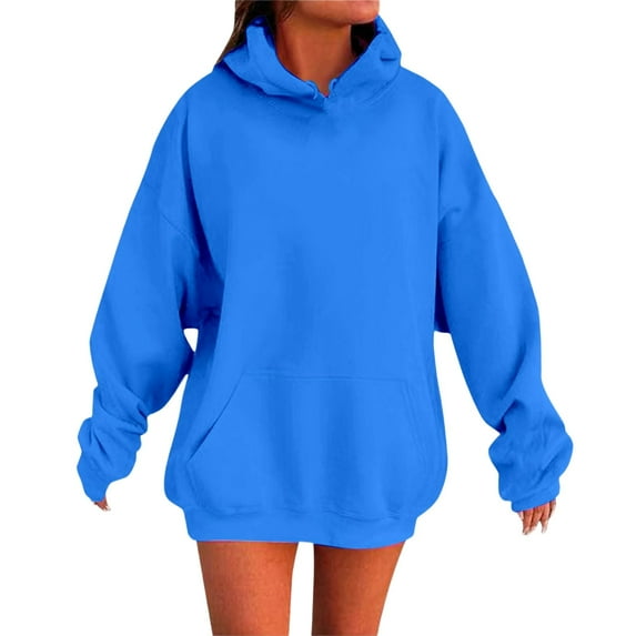 Likimi Womens Loose Hoodies Solid Color Long Sleeve Sweatshirt With Pocket Comfort Autumn Winter Pullover Size L Blue