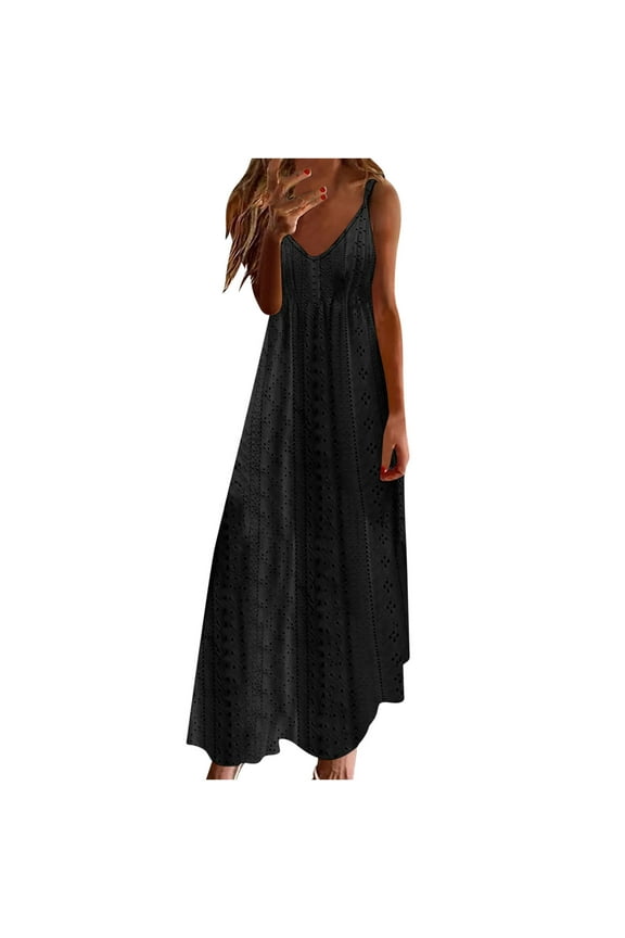 Womens Maxi Dress Sleeveless V Neck Solid Color Hollow Out Comfortable Spaghetti Strap Long Dresses Black Size L