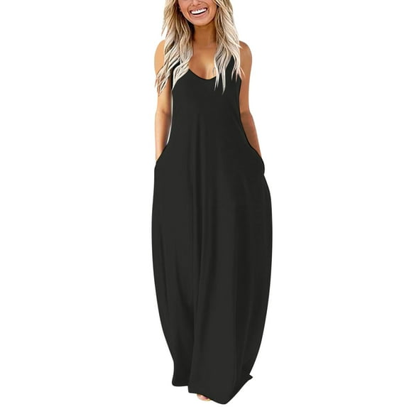 Likimi Womens Maxi Dress Solid Color Crew Neck Sleeveless Fashionable Comfortable Summer Long Dresses Black Size 4Xl
