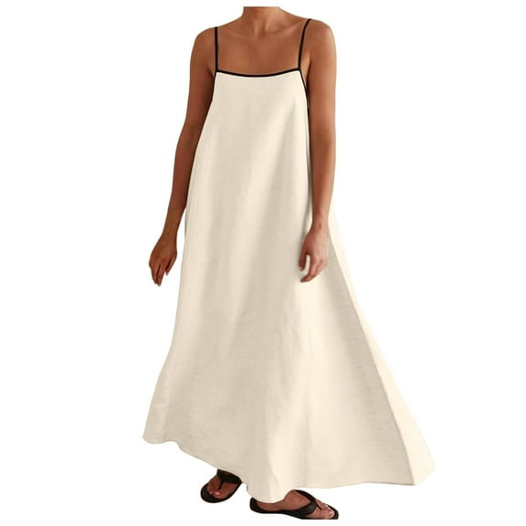 Likimi Womens Maxi Dress Spaghetti Straps Sleeveless Square Neckline Solid Color Summer Long Dresses Beige Size L