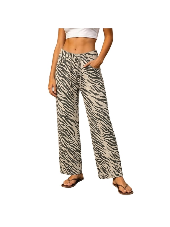 Womens Pants With Pocket Graphic Print Drawstring Wide Leg Pants For Women Loose Fit Elegant Trousers Size Xl