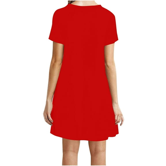 Likimi Womens Short Dresses Solid Color Short Sleeve Crew Neck Casual Comfortable Loose Fit Dress Red Size Xl