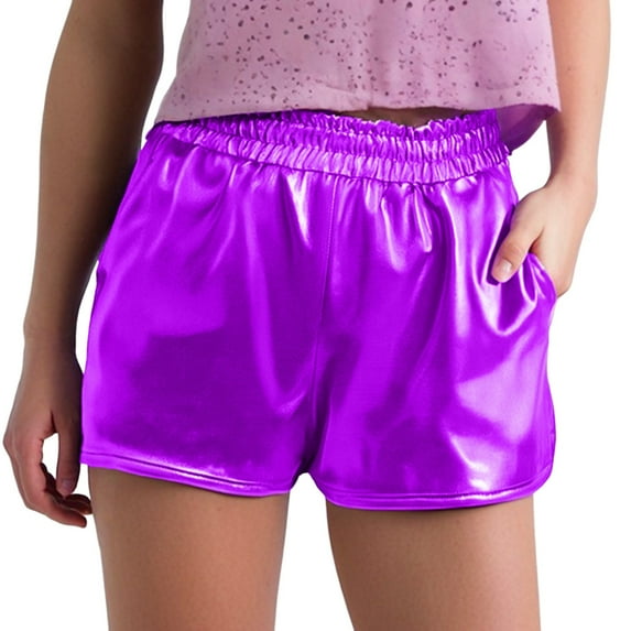 Likimi Womens Shorts Shiny Elastic Waist Solid Color Fashion Comfort Dance Summer Shorts With Pocket Purple Size L