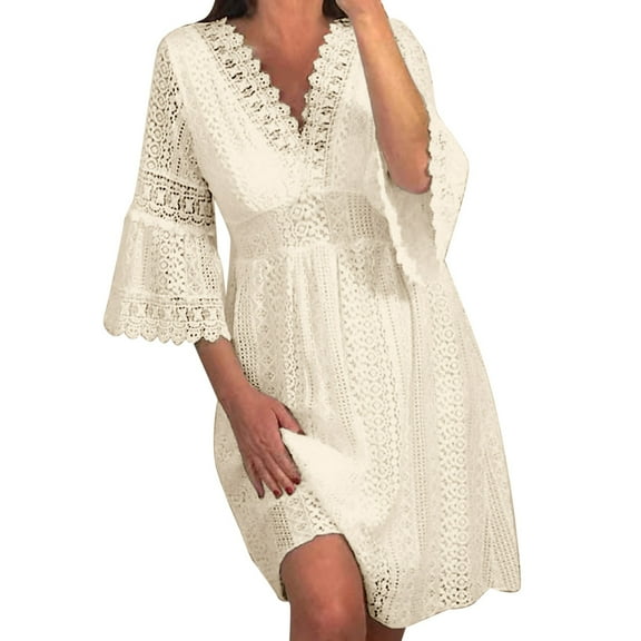 Likimi Womens Summer Dresses Solid Color 3/4 Sleeve V Neck Hollow Lace Flare Sleeve Dress Beige Size S