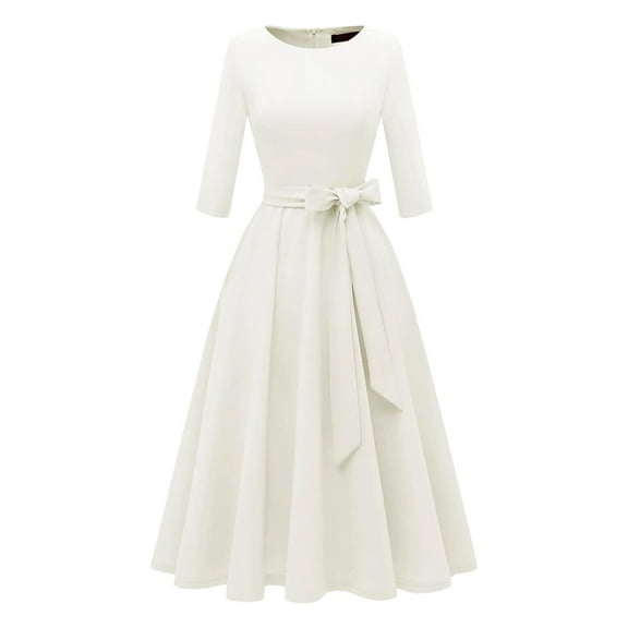 Likimi Womens Summer Long Dresses Elegant Crew Neck Solid Color 3/4 Sleeve Big Swing Dress With Zipper White Size S