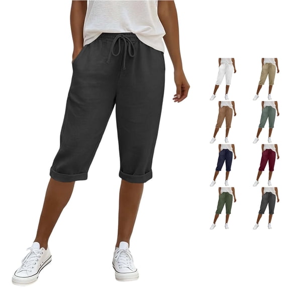 Likimi Womens Summer Pants Elastic Waist Drawstring Solid Color Lightweight With Pocket Knee-Length Comfort Trousers Black Size L