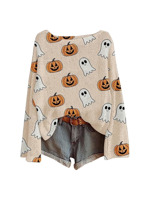 Womens Sweater Hallowmas Cartoon Print Long Sleeve Crew Neck Halloween Sweaters For Women Autumn Winter Fashion Knit Pullover Size L