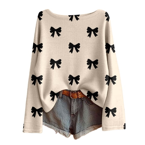 Likimi Womens Sweater Long Sleeve Bow Print Crew Neck Knit Sweaters For Women Loose Fit Elegant Knit Pullover Size L