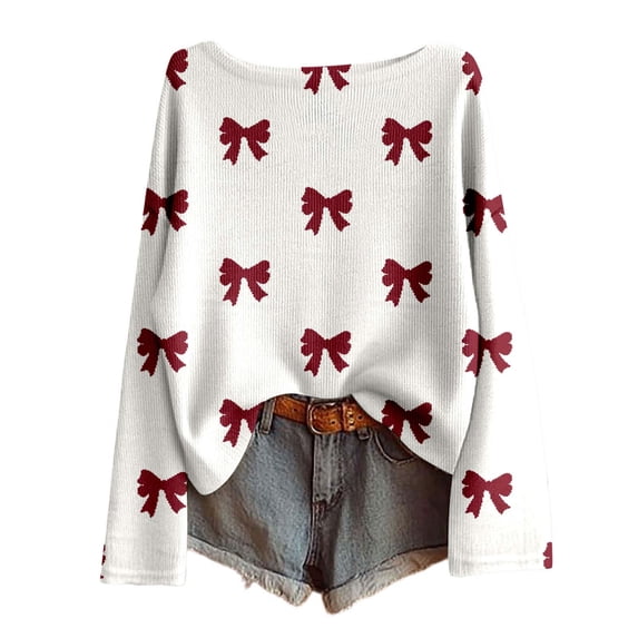 Likimi Womens Sweater Long Sleeve Bow Print Crew Neck Knit Sweaters For Women Loose Fit Elegant Knit Pullover Size S