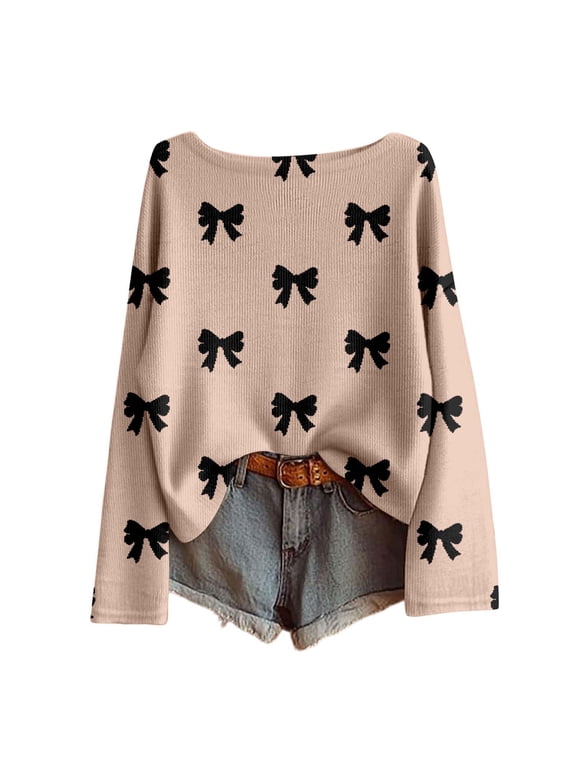 Womens Sweater Long Sleeve Bow Print Crew Neck Knit Sweaters For Women Loose Fit Elegant Knit Pullover Size Xl